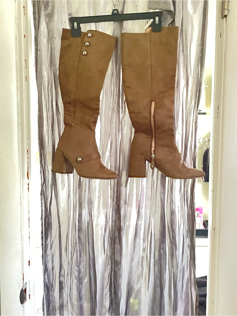 Tall Brown Suede Block-Heel Knee Boots with Button Detail